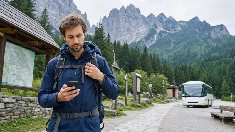 Traveller checking mobile data near a Tatra Mountains trailhead.