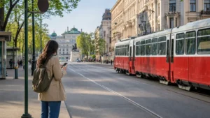 Traveller using mobile data on a smartphone beside a Vienna tram in the historic city centre