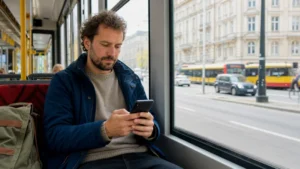 Traveller checking mobile data while riding a Warsaw tram.