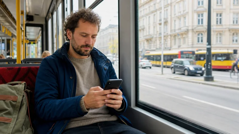 Traveller checking mobile data while riding a Warsaw tram.