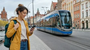 Traveller checking mobile data near a Wrocław tram.