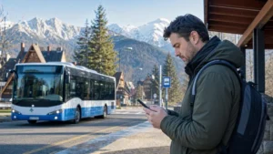 Traveller checking mobile data near central Zakopane.