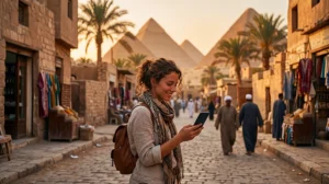 Traveler using mobile internet while visiting Egypt