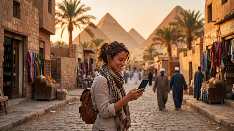 Traveler using mobile internet while visiting Egypt