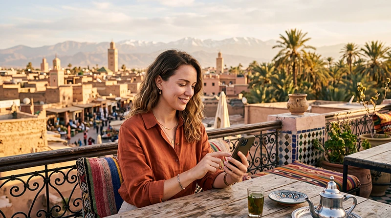 Tourist using mobile internet while traveling in Morocco