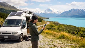 Traveller using mobile internet during a scenic road trip in New Zealand