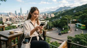Traveller using mobile internet on a smartphone while exploring Taiwan