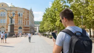 Traveller using a smartphone during mobile networks in bosnia and herzegovina in Bosnia and Herzegovina.