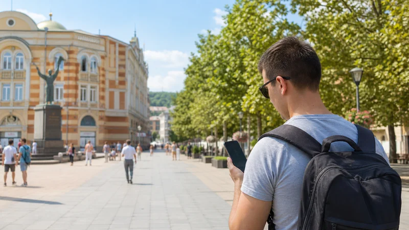 Traveller using a smartphone during mobile networks in bosnia and herzegovina in Bosnia and Herzegovina.