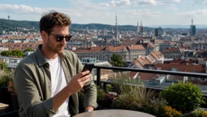 Traveller checking mobile network availability from a Zagreb rooftop terrace.