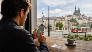 Traveller reviewing Czech mobile network options on a smartphone.