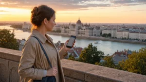 Traveller checking mobile networks above the Danube in Budapest, Hungary