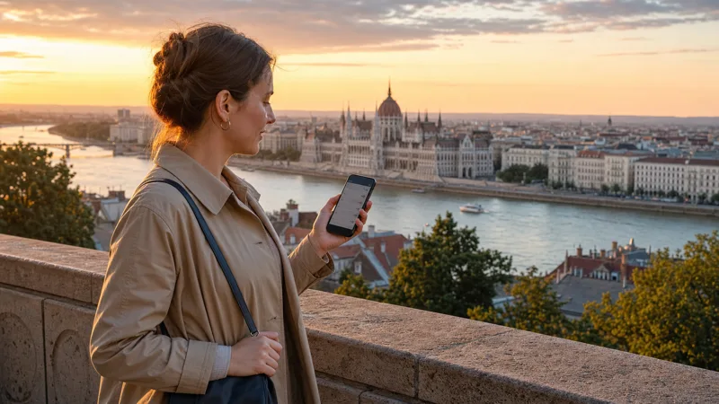 Traveller checking mobile networks above the Danube in Budapest, Hungary
