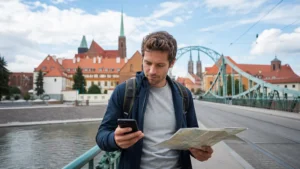 Traveller comparing a smartphone and map on a bridge in Wrocław Poland.