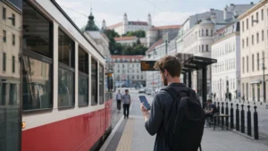 Smartphone showing network selection beside a tram stop in central Bratislava.