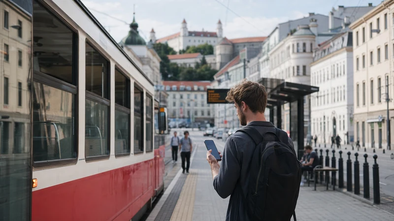Smartphone showing network selection beside a tram stop in central Bratislava.