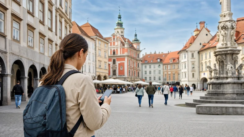 Traveller checking mobile network availability in a Slovenian city square.