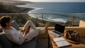 Traveller using a monthly mobile data plan on a smartphone in the Canary Islands