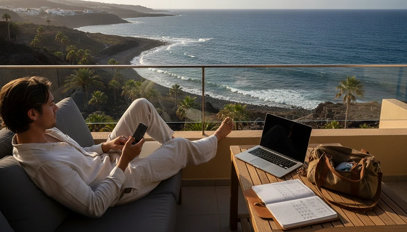 Traveller using a monthly mobile data plan on a smartphone in the Canary Islands