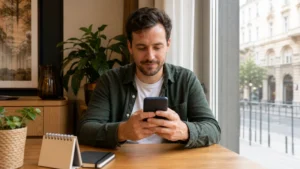 Long-stay traveller reviewing a monthly data plan on a smartphone in Hungary