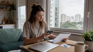 Long-stay traveller reviewing monthly data usage in a Polish apartment.