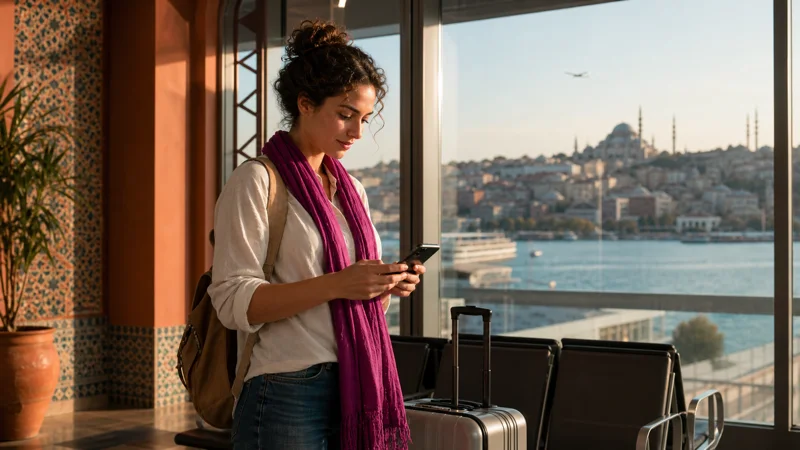 Traveller checking a smartphone in an airport lounge with Moroccan design and an Istanbul waterfront view.