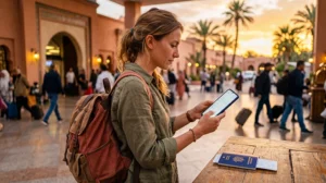 Tourist checking roaming charges before using mobile data in Morocco