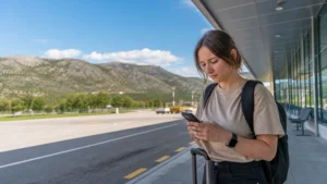 Traveller using a smartphone during mobile internet in mostar airport in Bosnia and Herzegovina.