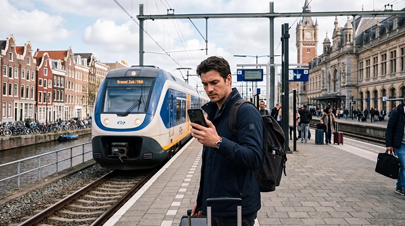 Traveller using one eSIM for mobile data in the Netherlands and Belgium