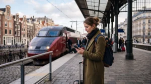 Traveller using one eSIM for mobile data in the Netherlands and France