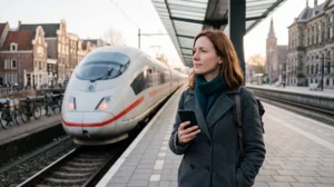 Traveller using one eSIM for mobile data in the Netherlands and Germany
