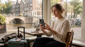 Tourist installing a Netherlands travel eSIM on an Android phone before departure