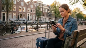 Tourist installing a Netherlands travel eSIM on an iPhone before departure