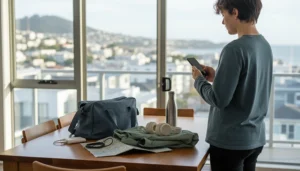 Traveller preparing an Android phone with a New Zealand eSIM before a trip