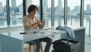 Traveller preparing an iPhone with a New Zealand eSIM before starting a trip