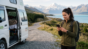 Traveller checking roaming charges and mobile data options for a New Zealand trip