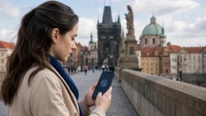 Traveller troubleshooting a Czech Republic eSIM with no internet in Prague.