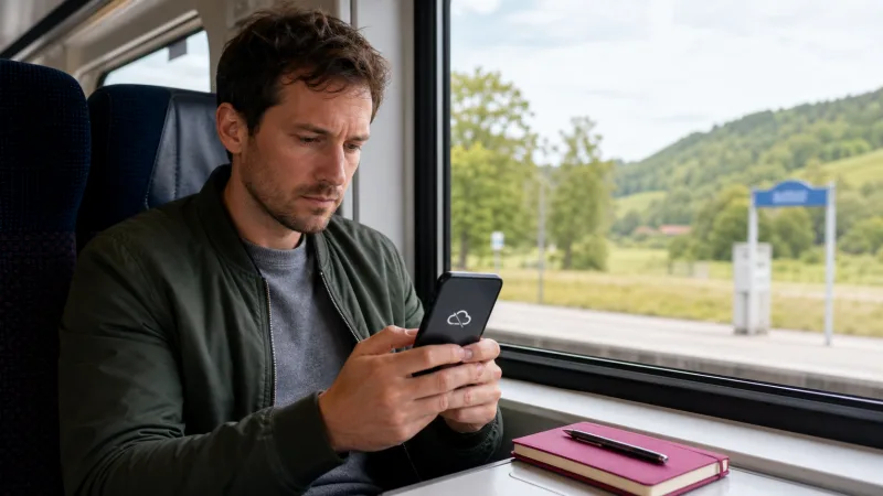 Traveller troubleshooting no internet on a Hungary eSIM during a train journey