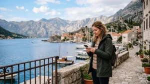 Traveler fixing a Montenegro eSIM with no internet connection