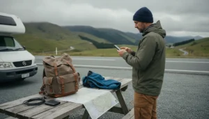 Traveller troubleshooting no internet connection on a New Zealand eSIM during a road trip