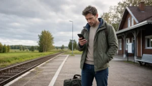 Traveller troubleshooting a Poland eSIM at a rural railway station.