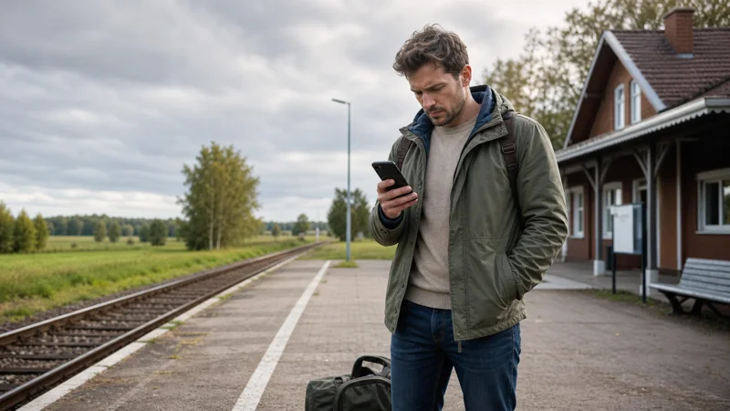 Traveller troubleshooting a Poland eSIM at a rural railway station.