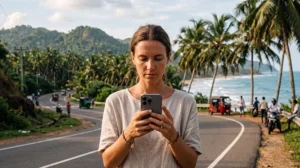 Traveler fixing a Sri Lanka eSIM with no internet connection on a smartphone