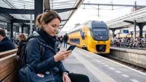 Traveller using the NS app to plan a train journey in the Netherlands