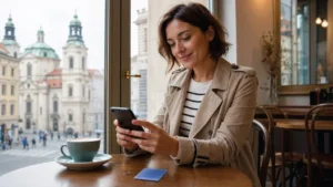 Traveller examining an unbranded blue prepaid SIM card in Prague.