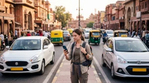 Tourist comparing Ola and Uber rides while travelling in India