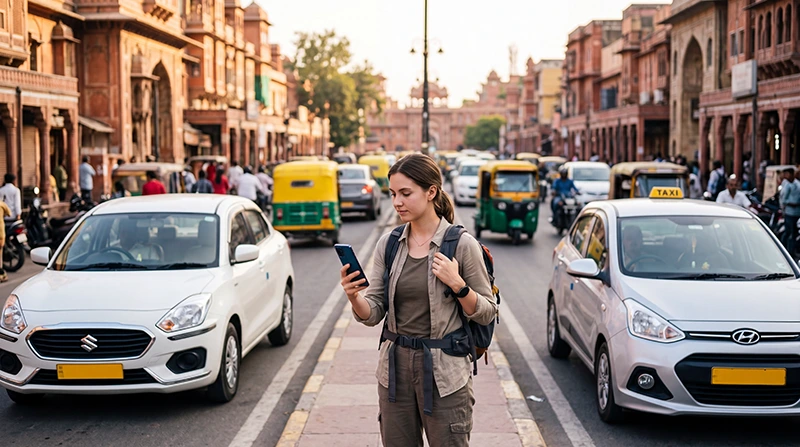 Tourist comparing Ola and Uber rides while travelling in India