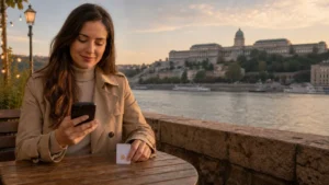 Traveller using a One Hungary prepaid tourist SIM beside the Danube in Budapest