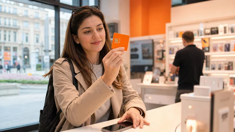 Traveller examining an orange prepaid SIM card in a Warsaw mobile shop.