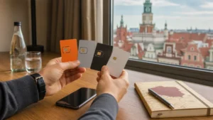 Traveller comparing four unbranded Polish SIM card options in Poznań.